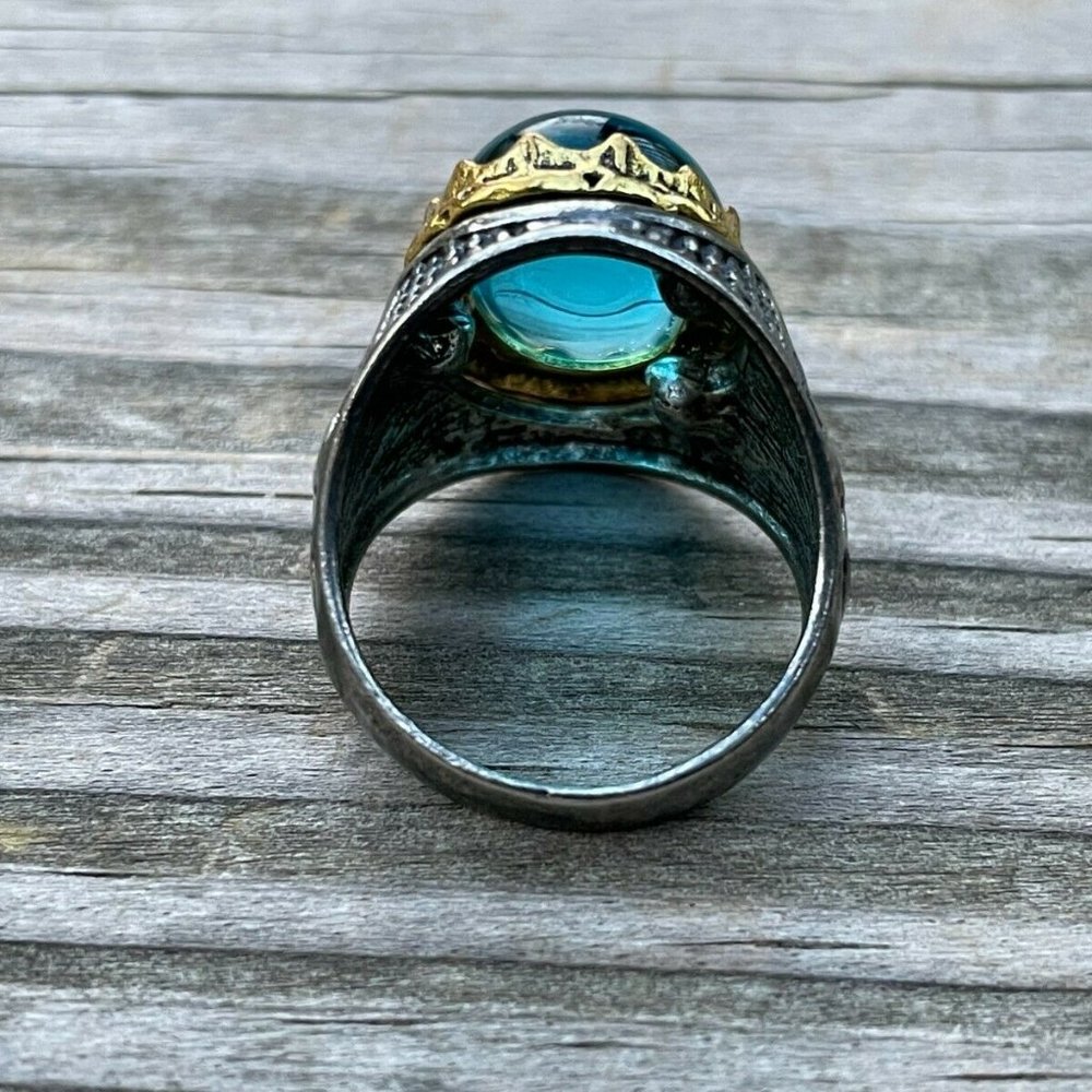 Men Rings Fashion Blue Stone Gunmetal/Gold Tone Men Jewelry Rings Size 9 - Picture 5 of 11
